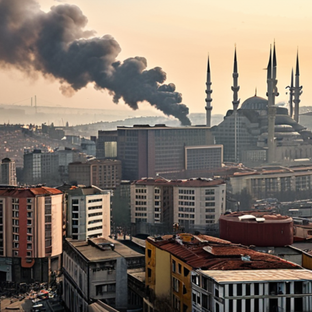 **A smog-filled cityscape in Istanbul, Turkey, with heavy traffic. Factories in the distance are emitting smoke, and people are wearing masks. The image should convey a sense of urban air pollution, inspired by the user's description of the city.**