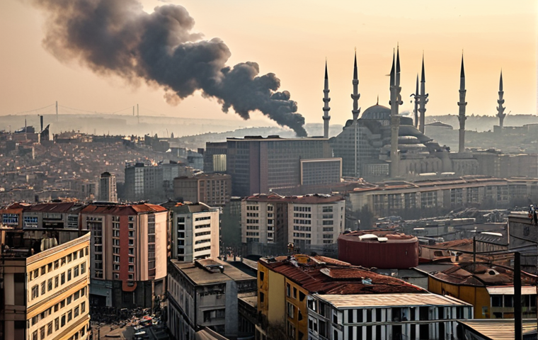 **A smog-filled cityscape in Istanbul, Turkey, with heavy traffic. Factories in the distance are emitting smoke, and people are wearing masks. The image should convey a sense of urban air pollution, inspired by the user's description of the city.**