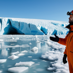 A professional environmental scientist, in their 40s, stands on an ice sheet, looking intently at a large glacier actively melting into meltwater pools. They are wearing a modest, warm, and appropriate winter expedition suit. Scientific monitoring equipment is visible nearby. In the subtle background, the outline of a modern, resilient coastal city can be seen under a clear sky, symbolizing the far-reaching impact of glacial melt. The scene is rendered with high detail and realistic textures, featuring perfect anatomy, correct proportions, a natural pose, well-formed hands, and proper finger count. safe for work, appropriate content, fully clothed, professional.
