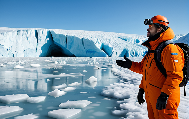 A professional environmental scientist, in their 40s, stands on an ice sheet, looking intently at a large glacier actively melting into meltwater pools. They are wearing a modest, warm, and appropriate winter expedition suit. Scientific monitoring equipment is visible nearby. In the subtle background, the outline of a modern, resilient coastal city can be seen under a clear sky, symbolizing the far-reaching impact of glacial melt. The scene is rendered with high detail and realistic textures, featuring perfect anatomy, correct proportions, a natural pose, well-formed hands, and proper finger count. safe for work, appropriate content, fully clothed, professional.
